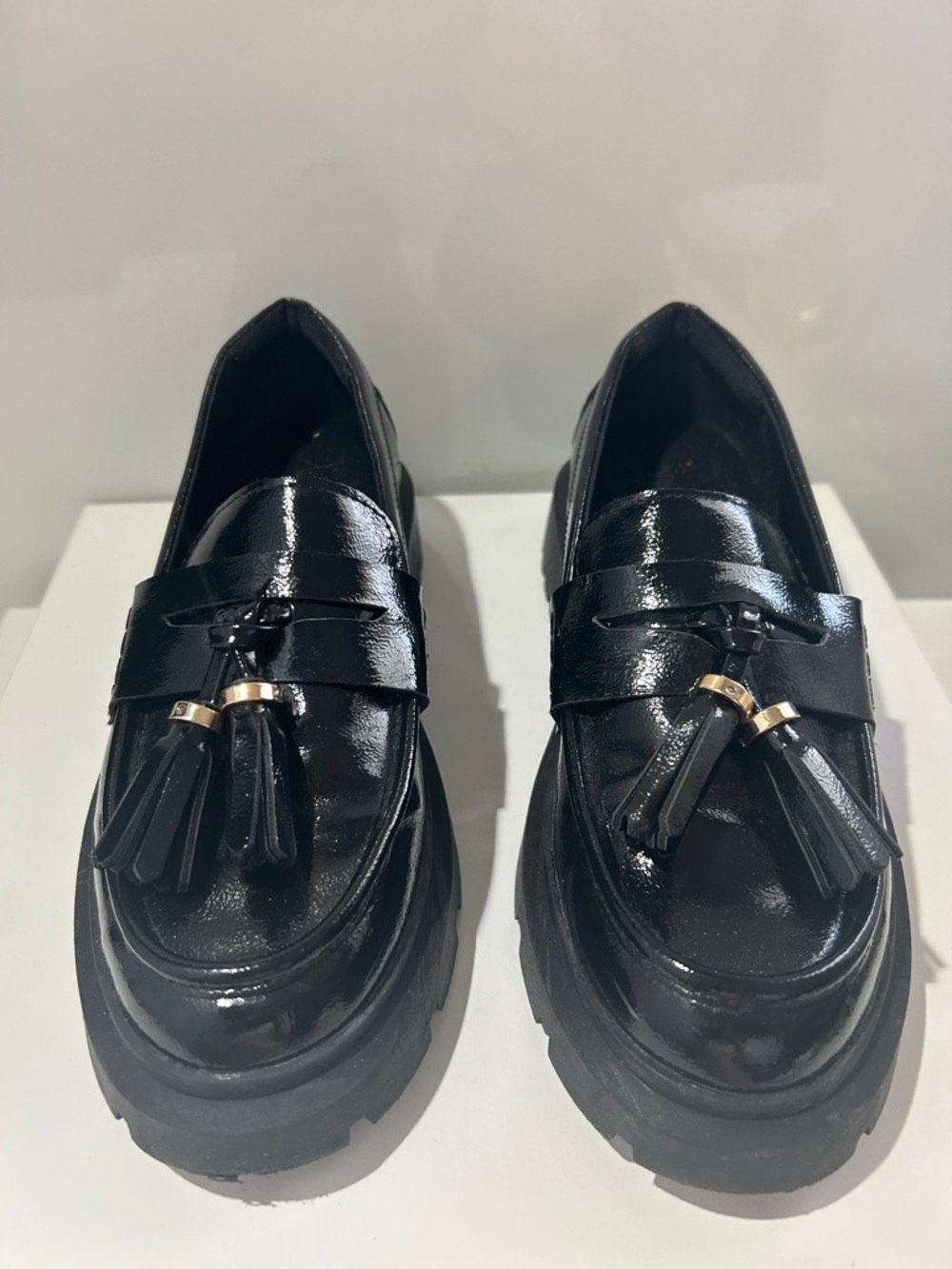 Zara Black Patent Tassel Loafers with Gold Accents